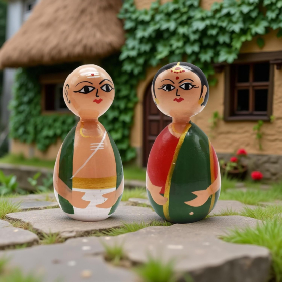 Channapatna Wooden Decorative Dolls, Traditional Indian Art, Hand-Painted Figurines, Set of 2