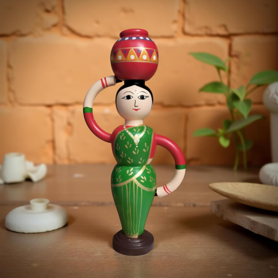 Eco Friendly Channapatna Handcrafted Wooden Doll, Traditional Indian Woman Carrying Pot Figurine, GI Tagged and ODOP Certified Home Decor