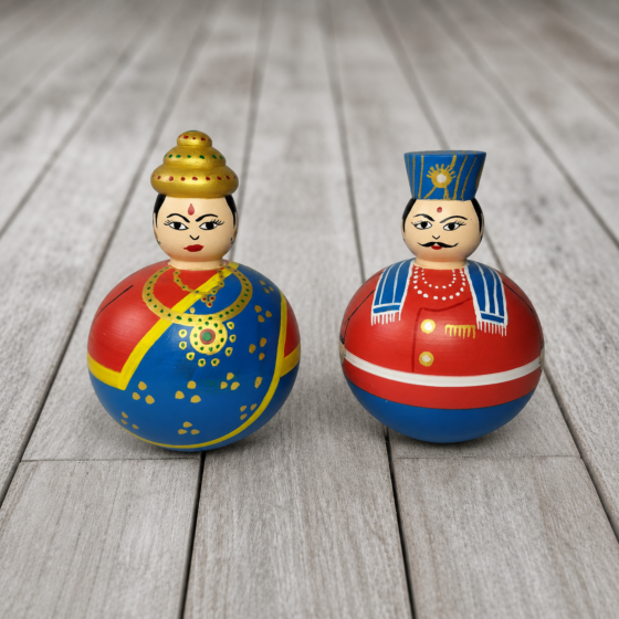 Channapatna Wooden Raja Rani Roly Poly Dolls, Set of 2, Multicolour