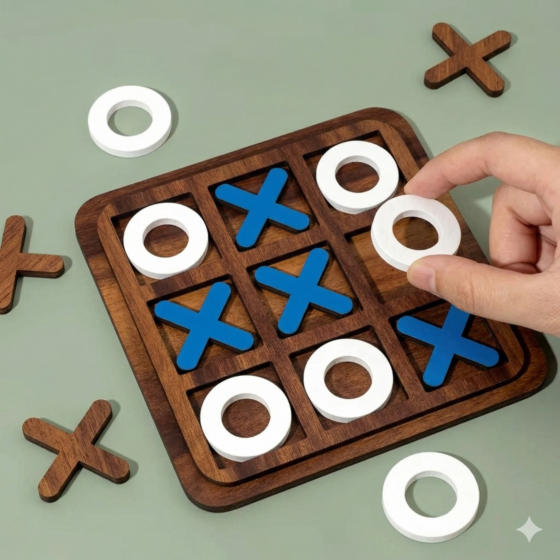 den tic-tac-toe game, handmade tic tac toe, artisan crafted game, noughts and crosses wooden board, solid wood board game, laser-cut wooden game, family board games, kids wooden games, toys for kids india, classic family game, coffee table decor game, fun