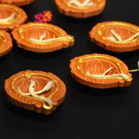 Golden Ring Motiff Diya Diwali Special - Set Of 12 Diyas & Cotton Wicks