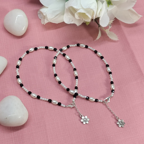 Handcrafted Black & White Beaded Anklet Pair