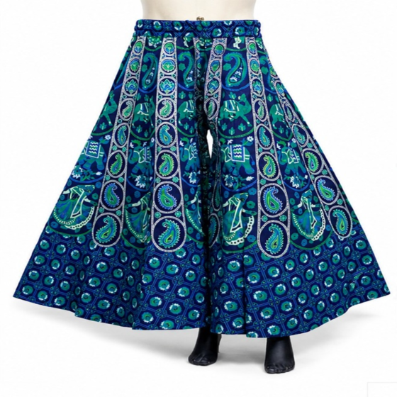 Handprinted Elephant Motif Flared Palazzo| Indigo Blue