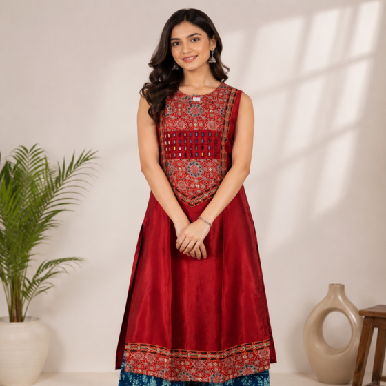 Handcrafted Mashru Silk Ajrakh Print Kurta| Red