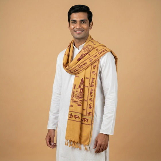 Handprinted Om Namah Shivay Puja Gamcha|Yellow 