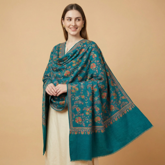 Handwoven Pure Pashmina Neem Jamavar Shawl with Fine Sozni Work |Teal 