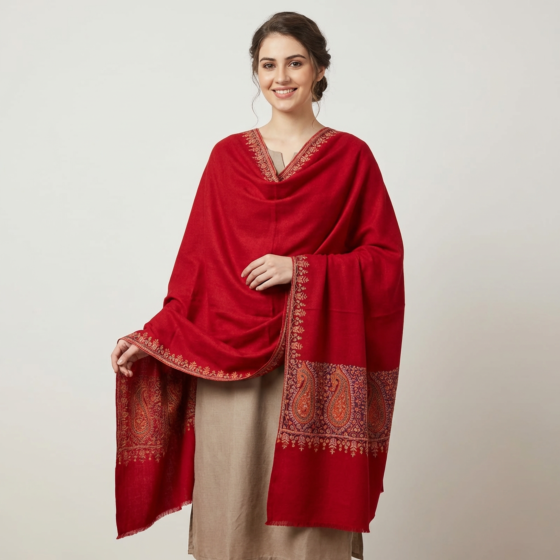 Hand-Embroidered Pure Pashmina Neem Jamavar Shawl with Fine Sozni Work | Red 