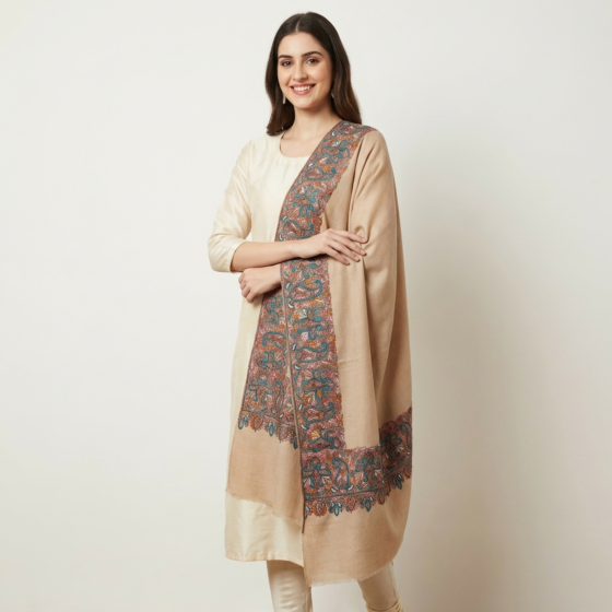 Handcrafted Authentic Kashmiri Pashmina Shawl|Beige