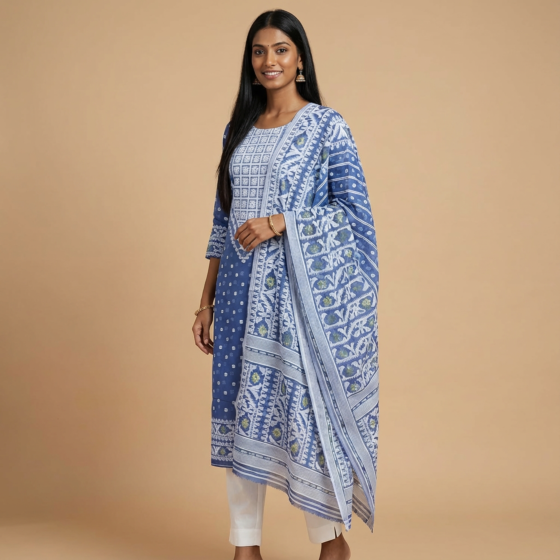 Handcrafted Cotton Kurta & Dupatta | Blue & White