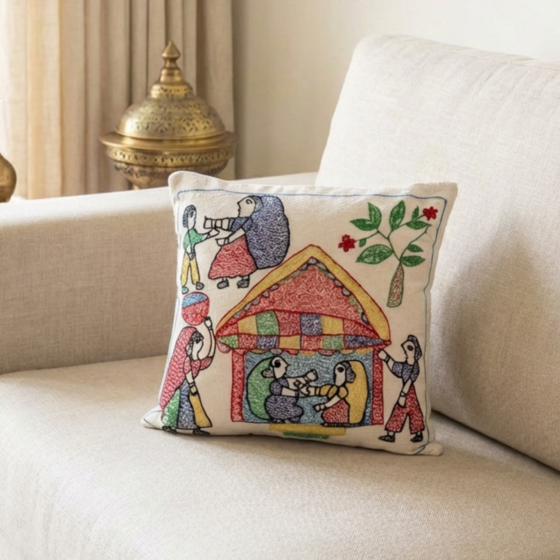Hand-Embroidered Storytelling Cushion I 14x 14 inches
