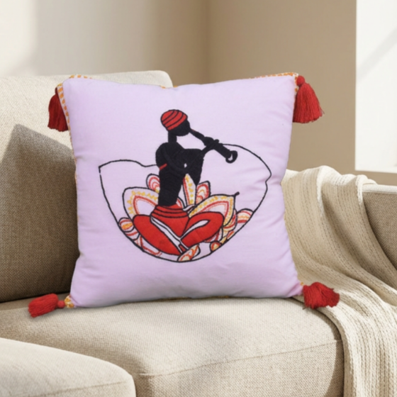Hand-Embroidered Tribal Musician Cushion Cover with Tassels