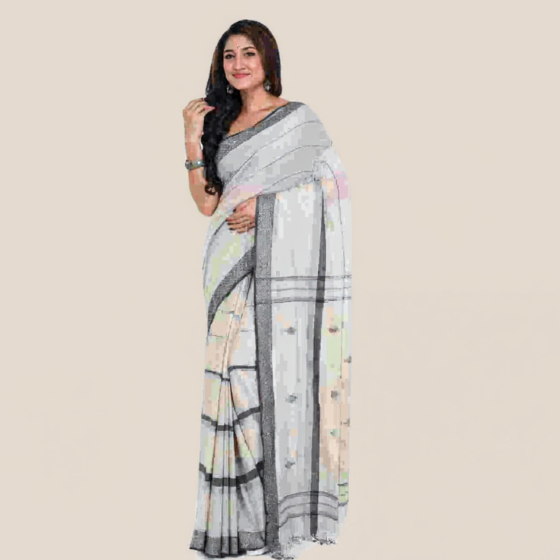 Handloom Bengal Cotton Santipuri Saree | White & Black