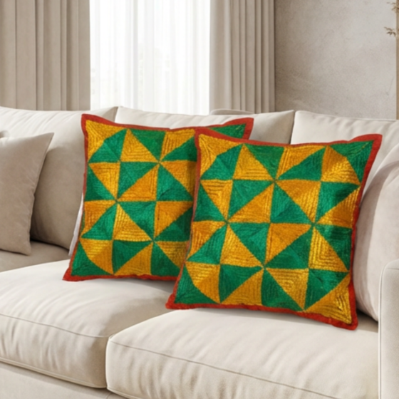 Hand-Embroidered Multicoloured Geometric Pattern Cushion Covers | Set of 2