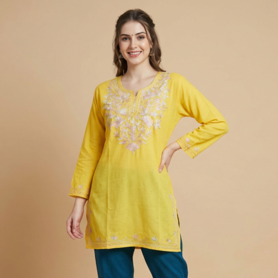 Hand-Embroidered Cotton Yellow Short Kurti | Medium