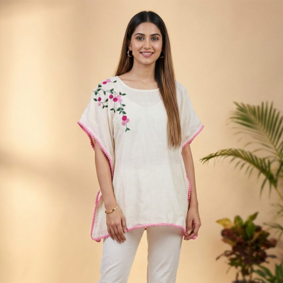 Hand-Embroidered Knitted Cotton Kaftan for Women