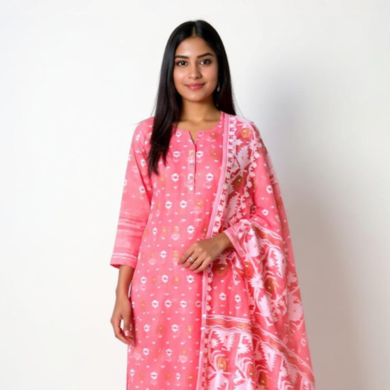 Handloom Unstitched Cotton Suit with Dupatta | Coral Pink
