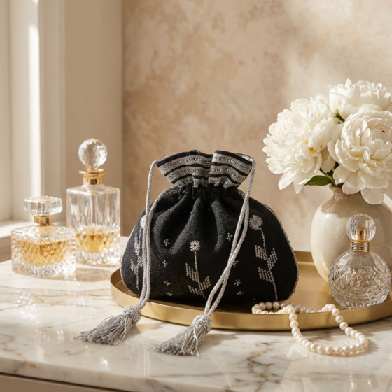 Handcrafted Silver Zari Black Jute Potli