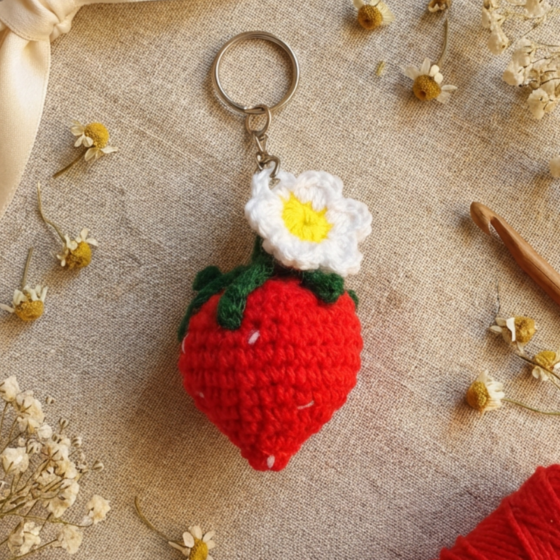 Hand-Crocheted Strawberry Keychain