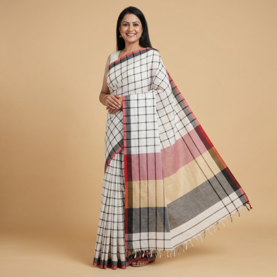 Handloom Checkered White Gamcha Saree with Blouse