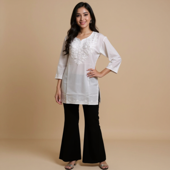 Women Embroidered Pure Cotton white short Kurta  