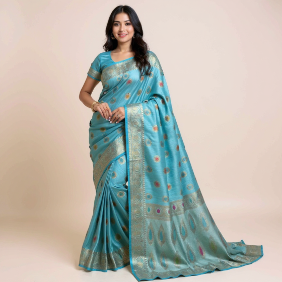 "Regal Essence – Pure Tussar Mungaa Silk Banarasi Saree with Exquisite Golden Zari Jaikart Weaving & Running Blous