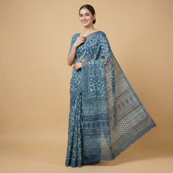 Handblock Print Muslin Silk Blue Saree