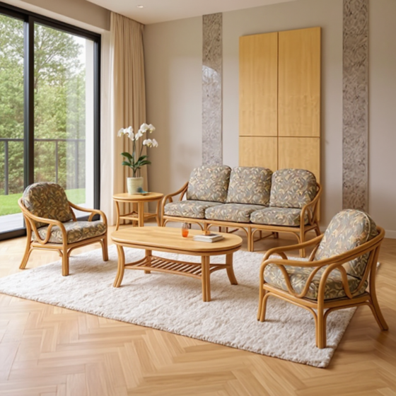 Rattan and Cane Retro Sofa Set/Center Table with Glass Top | Beige | 3+2 Seater