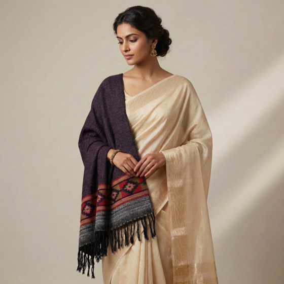 Handwoven Kullu Woollen Stole for Women | Black