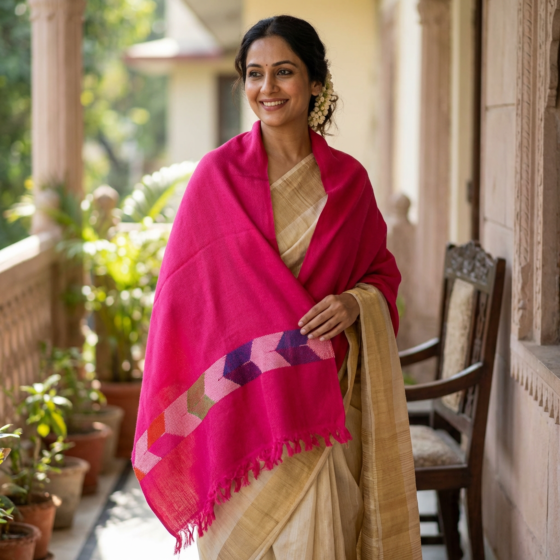 Handwoven Kullu Woollen Stole for Women | Pink