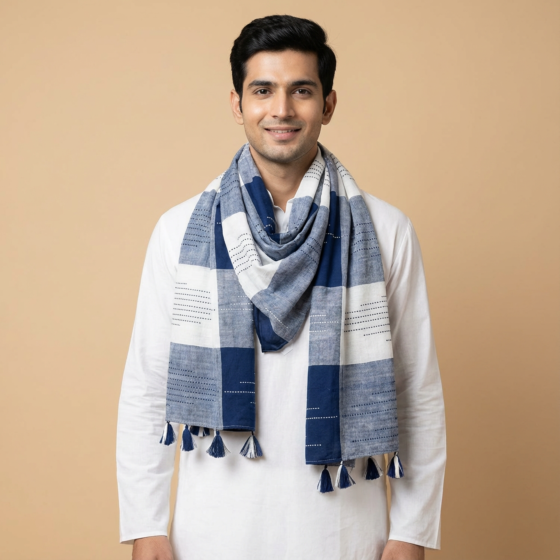 Handwoven Blue & White Stole for Men