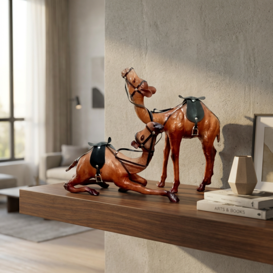Handcrafted Leather Camel Figurine | Set of 2