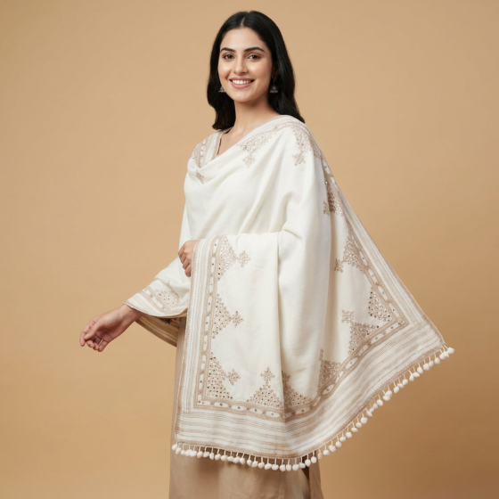 Handcrafted Marino Wool Shawl|White 