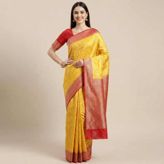 Handloom Banarasi Georgette-Organza Yellow Saree