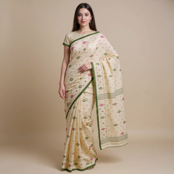 Handloom Bengal Cotton Saree | Sage Green