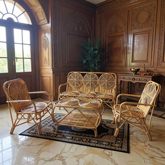  Cane Sofa Set in Beige Finish