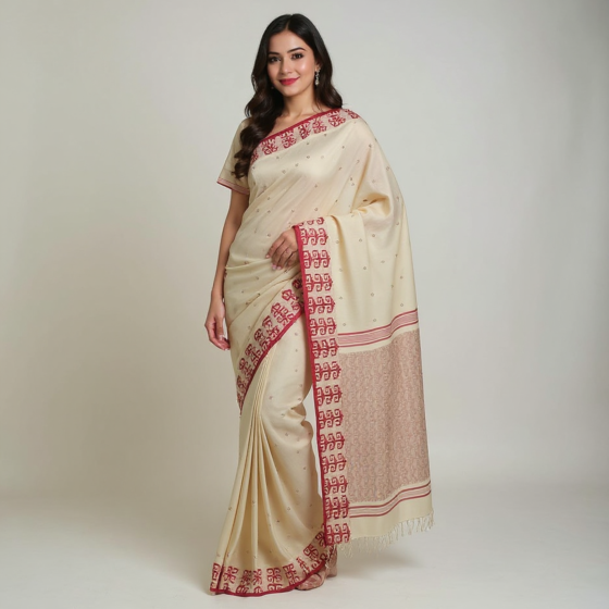 Bengal Soft Cotton Saree | Off-White with Red Saree