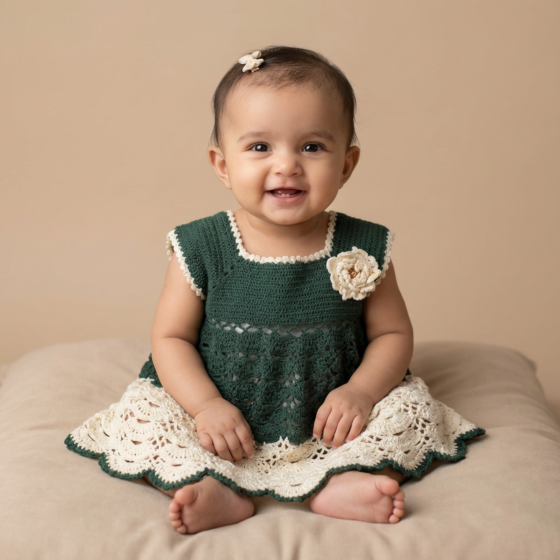 Hand-Crocheted Green & White Frock for Girls