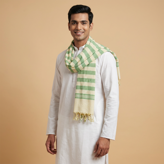 Handloom Soft Cotton Green & Cream Gamcha