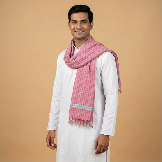 Handloom Cotton Pink Checkered Gamcha | 66 x 32 Inches