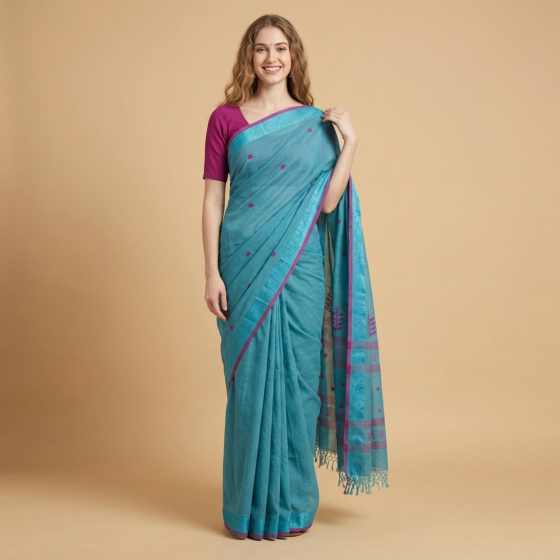 Handloom Soft Cotton Blue Saree
