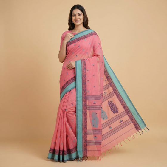 Exclusive Bengal Handloom Cotton Saree | Pink | 5.5 meters