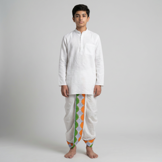Handloom Tri-colour Border Dhoti|White