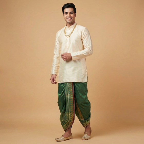 Handcrafted Mayur Puchha Dhoti|Green 