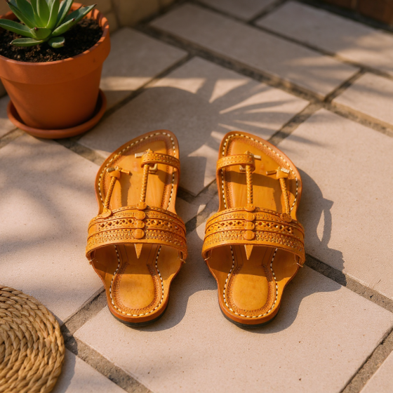 A Karveer Crafts Kolhapuri Leather Chappal For Men Yellow Colour Handcrafted