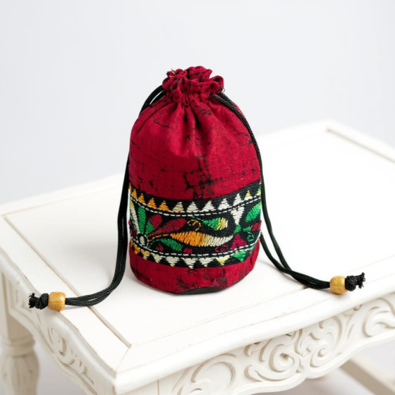 Pure Cotton Batik Kantha Stitch Work Potli Bag | Red