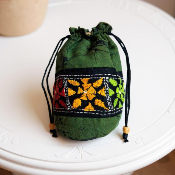 Pure Cotton Batik Kantha Stitch Work Potli Bag | Green