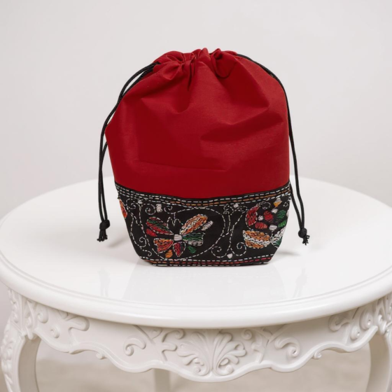 Pure Cotton Kantha Stitch Work Potli Bag | Red