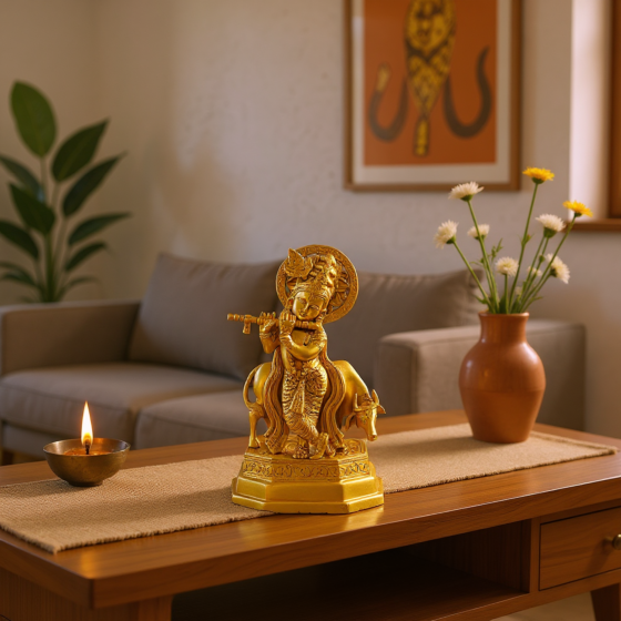 BRASS KRISHNA WITH COW 10 INCH