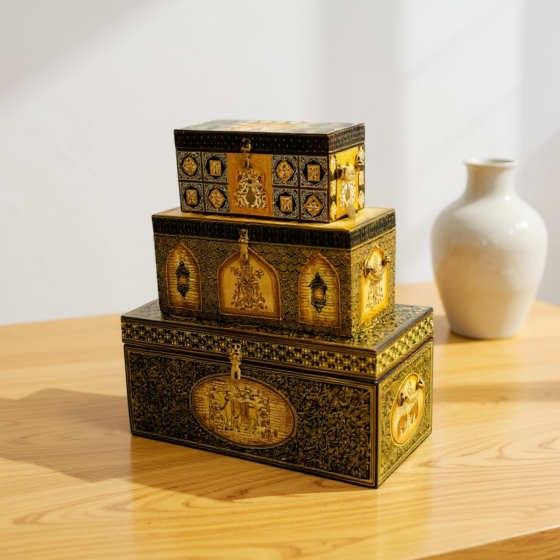 SET OF 3 WOODEN DECOR BOXES- WITH KALAMKARI WORK