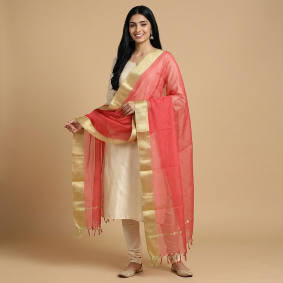 Handcrafted Kota Doria Zari Border Dupatta | Red